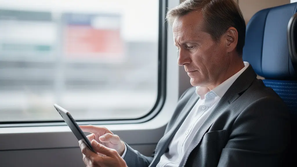 Pendler mit Tablet in einem Schweizer Zug beim Lesen der Morgennachrichten