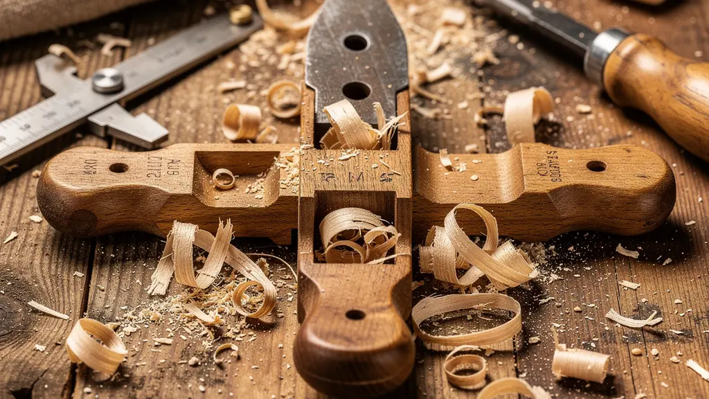 Detailaufnahme einer Schweizer Werkstatt mit Rechenwerkzeugen und Holzmustern