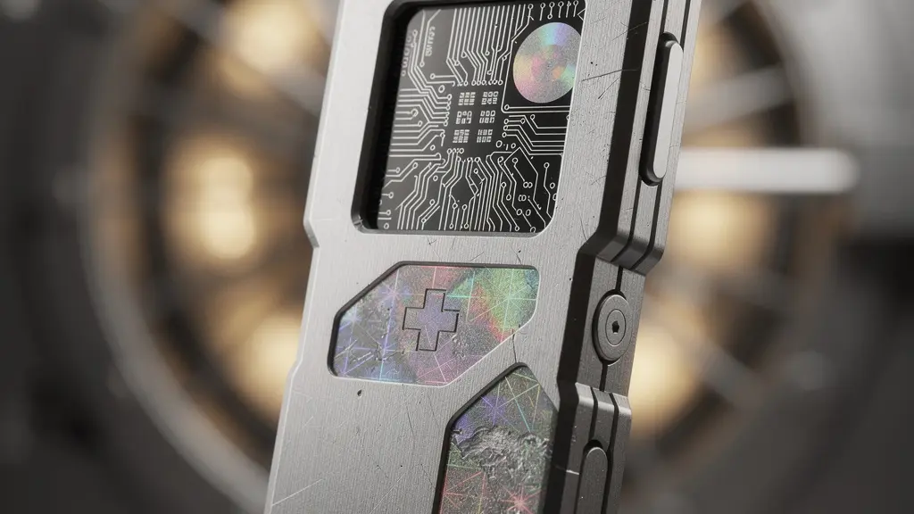 Makroaufnahme einer Hardware-Wallet mit Sicherheitselementen und verschwommenem Schweizer Banktresor im Hintergrund