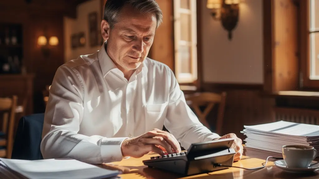 Hotelmanager analysiert Auslastungsdaten auf Tablet in gemütlicher Hotellobby