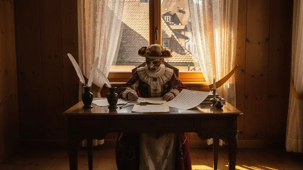 Fasnächtler beim Verfassen von satirischen Versen in gemütlicher Atmosphäre