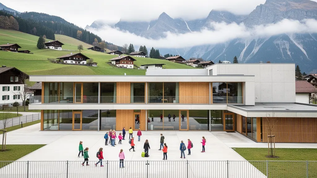 Moderne Schweizer Schule mit spielenden Kindern im Pausenhof