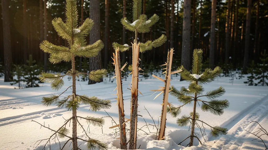 Beschädigte junge Tannen im Schutzwald durch Skikanten