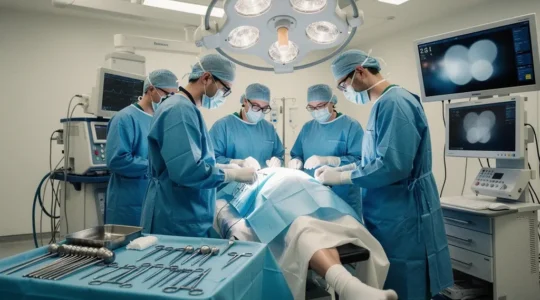 Chirurg bei Knieoperation im modernen Schweizer Operationssaal