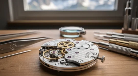 Detailaufnahme einer Schweizer Uhrenwerkstatt mit Uhrmacherwerkzeugen und mechanischem Uhrwerk in Nahansicht