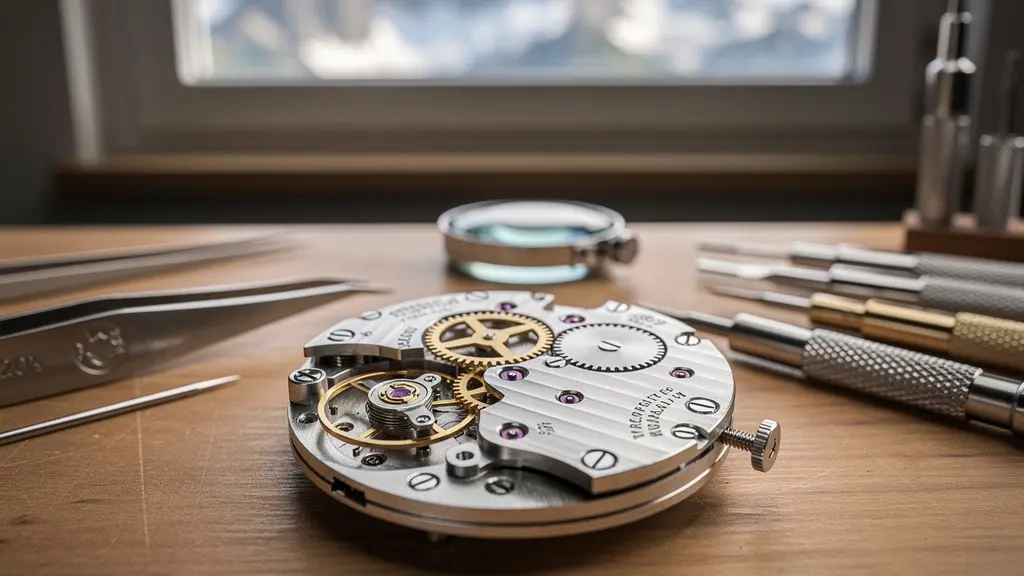 Detailaufnahme einer Schweizer Uhrenwerkstatt mit Uhrmacherwerkzeugen und mechanischem Uhrwerk in Nahansicht