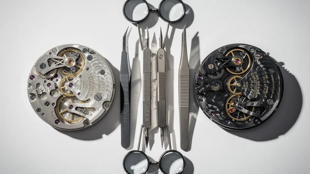 Vergleichende Darstellung zweier Uhrwerke nebeneinander in einer minimalistischen Umgebung