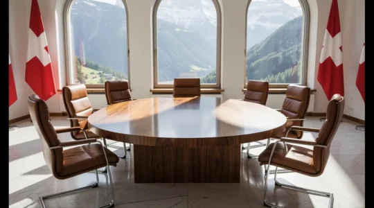 Der Bundesratssaal im Bundeshaus Bern mit symbolischer Darstellung der Konsenssuche