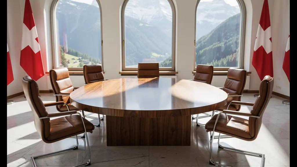 Der Bundesratssaal im Bundeshaus Bern mit symbolischer Darstellung der Konsenssuche