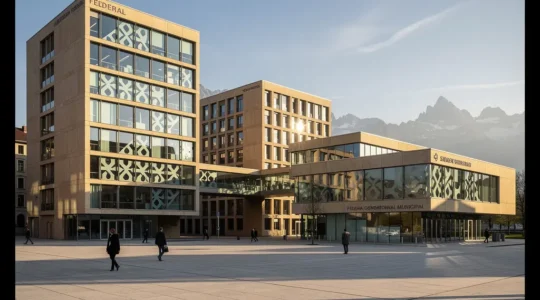 Visuelle Darstellung der drei Schweizer Staatsebenen: Bund, Kantone und Gemeinden in harmonischer Verflechtung