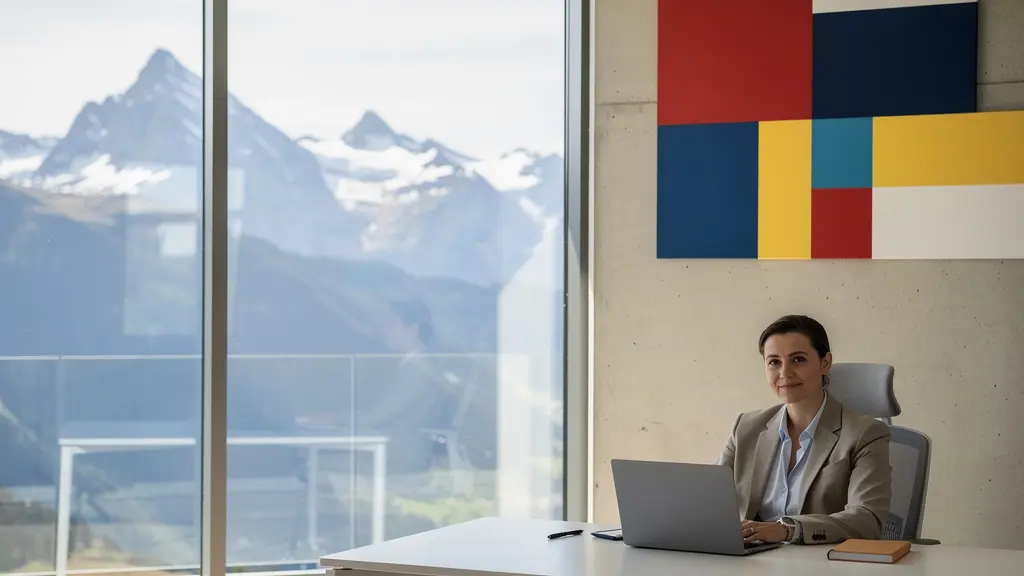 Geschäftsperson am modernen Arbeitsplatz mit symbolischen Sprachblasen in verschiedenen Farben