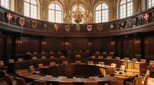 Ständeratssaal im Bundeshaus mit historischer Architektur und kantonalen Wappen
