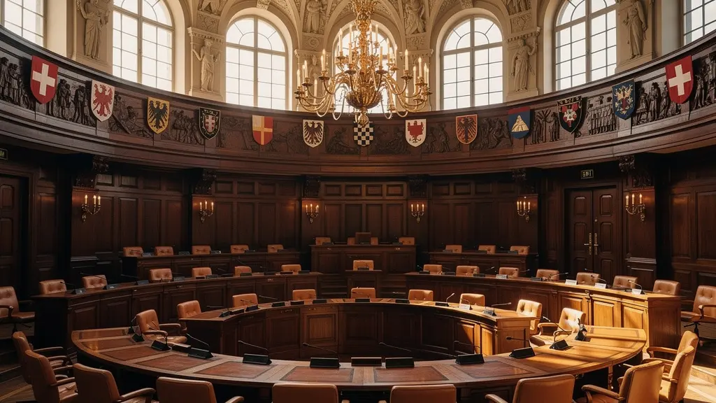 Ständeratssaal im Bundeshaus mit historischer Architektur und kantonalen Wappen