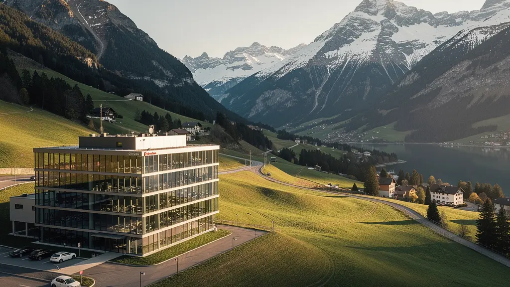 Bürogebäude in bergiger Landschaft mit moderner Architektur und Schweizer Alpen im Hintergrund