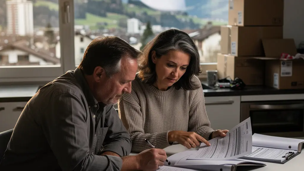 Familie vor Schweizer Wohnhaus beim Vergleichen von Dokumenten