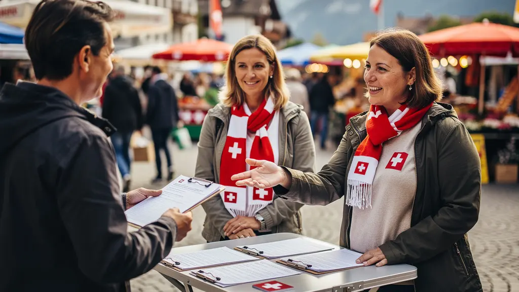Freiwillige sammeln Unterschriften an einem Marktplatz