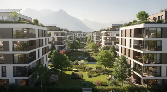 Stadtansicht mit dichter Bebauung und grünen Innenhöfen in Zürich