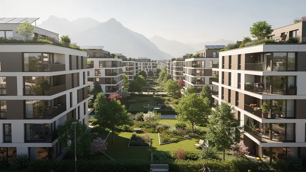 Stadtansicht mit dichter Bebauung und grünen Innenhöfen in Zürich