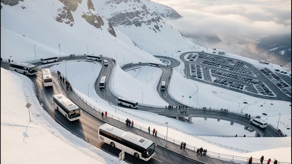 Luftaufnahme von Shuttle-Bussen auf kurvenreicher Bergstrasse mit Besucherströmen