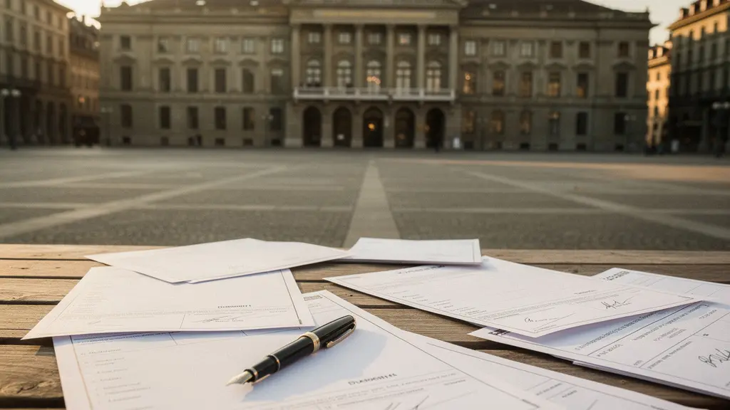 Schweizer Bundeshaus mit Unterschriftenbögen und symbolischen Elementen der direkten Demokratie