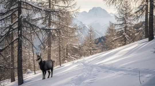 Gämse im verschneiten Schutzwald beobachtet Skispuren im Pulverschnee