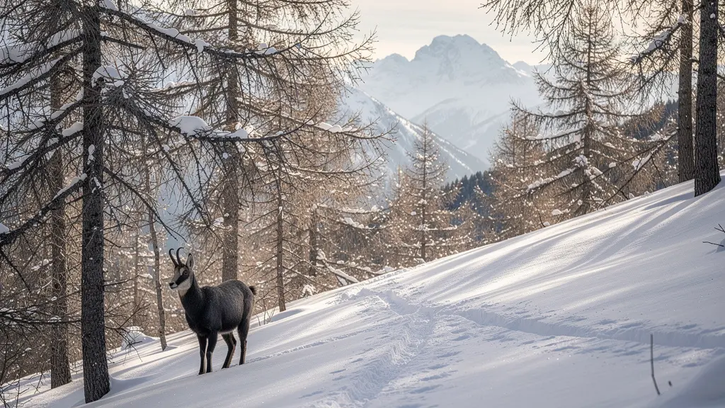 Gämse im verschneiten Schutzwald beobachtet Skispuren im Pulverschnee
