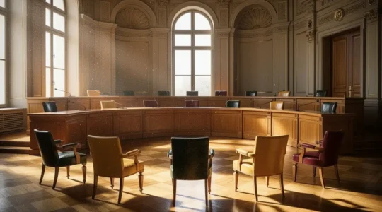 Symbolische Darstellung der Schweizer Zauberformel mit sieben Stühlen im Bundesratssaal