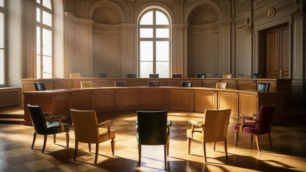 Symbolische Darstellung der Schweizer Zauberformel mit sieben Stühlen im Bundesratssaal