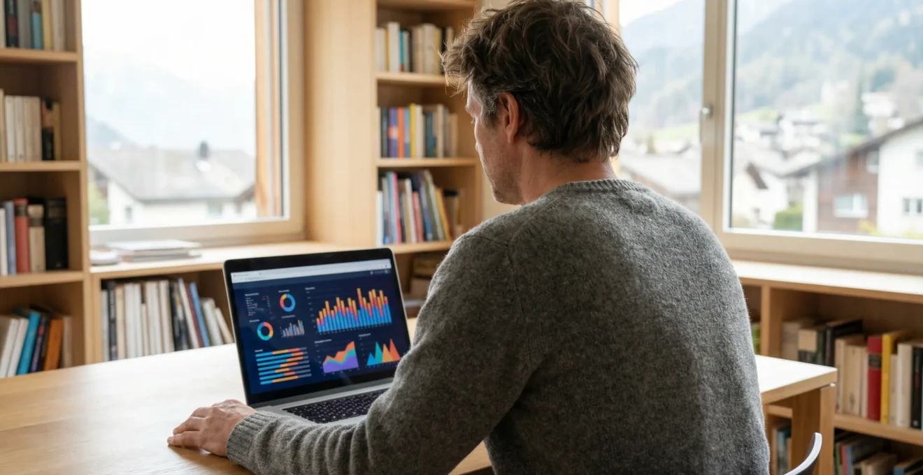 Person analysiert Immobilienpreise auf Laptop im Zürcher Wohnzimmer